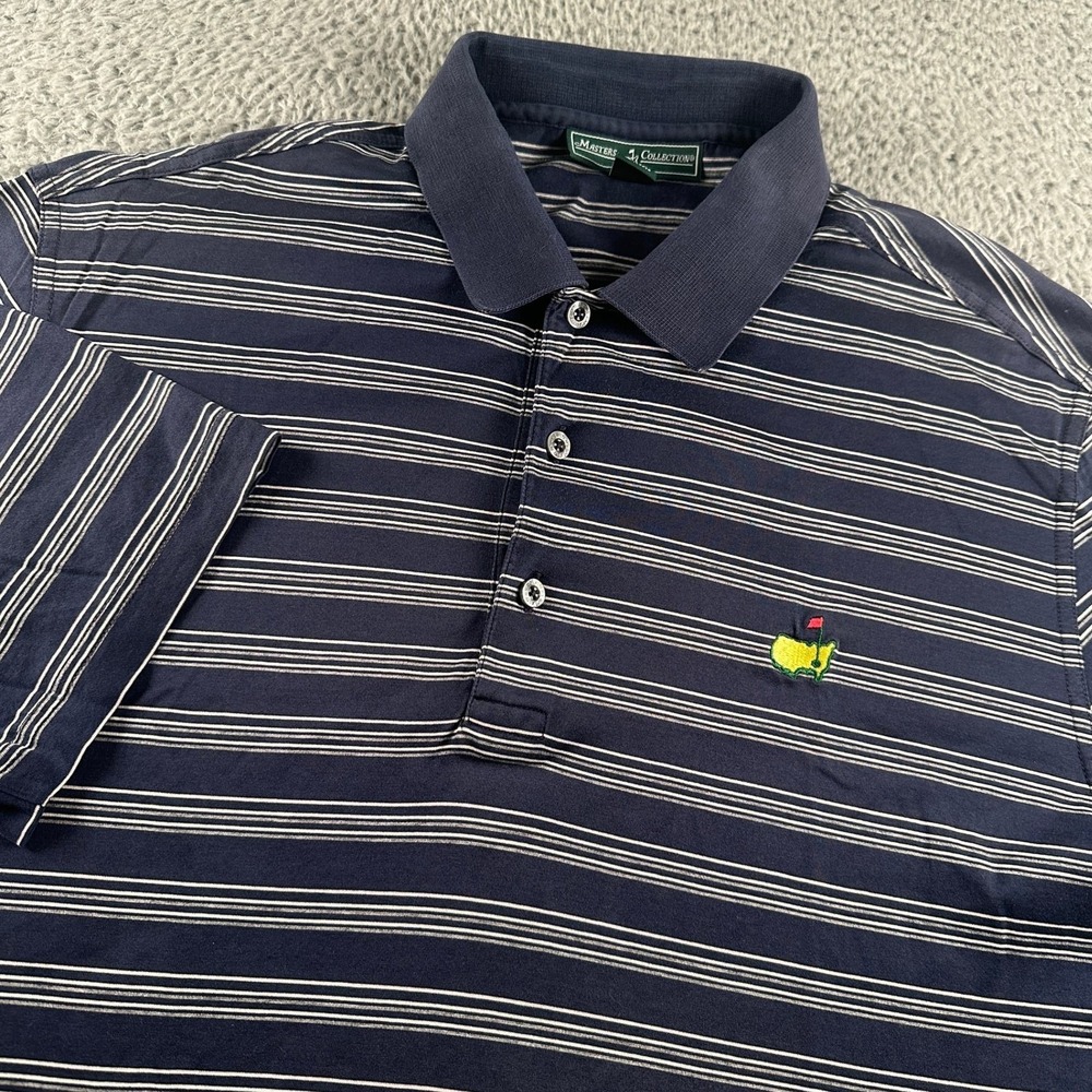 Masters Collection Polo Mens L 100% Pima Cotton Striped Augusta Logo Navy